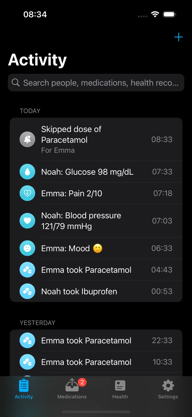 Activity feed interleaving doses, skipped doses, and measurements for the whole household, grouped by day