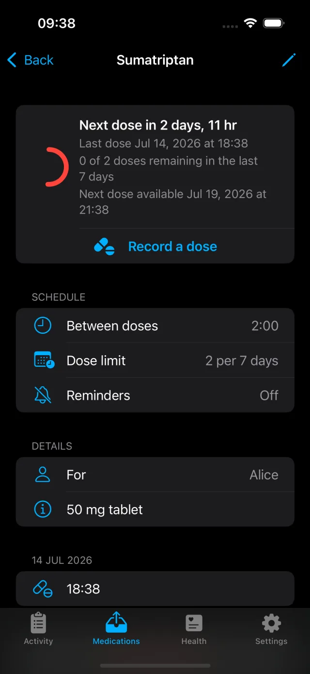 Detail screen for a dose-limited medication showing doses remaining in the current seven-day window and when the next dose frees up