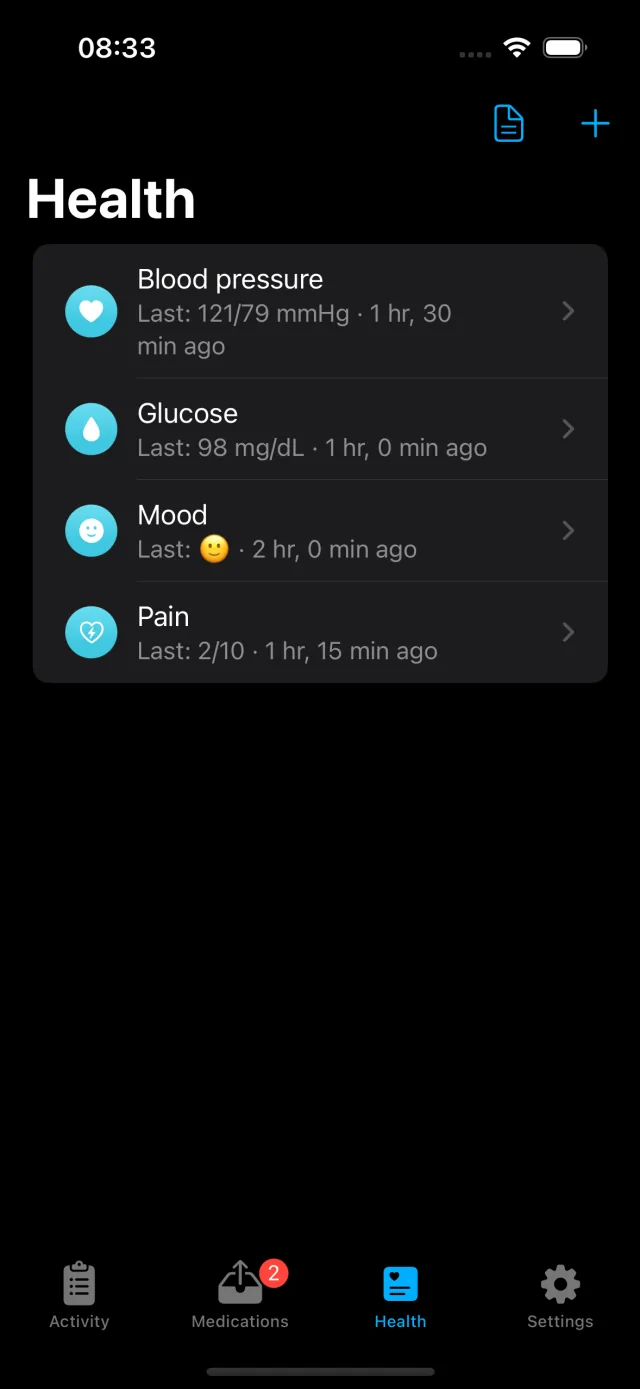 Health screen listing pain and mood measurements with their latest readings