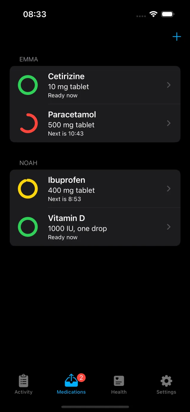 Medication list grouped by household member, with progress rings showing which doses are ready to take