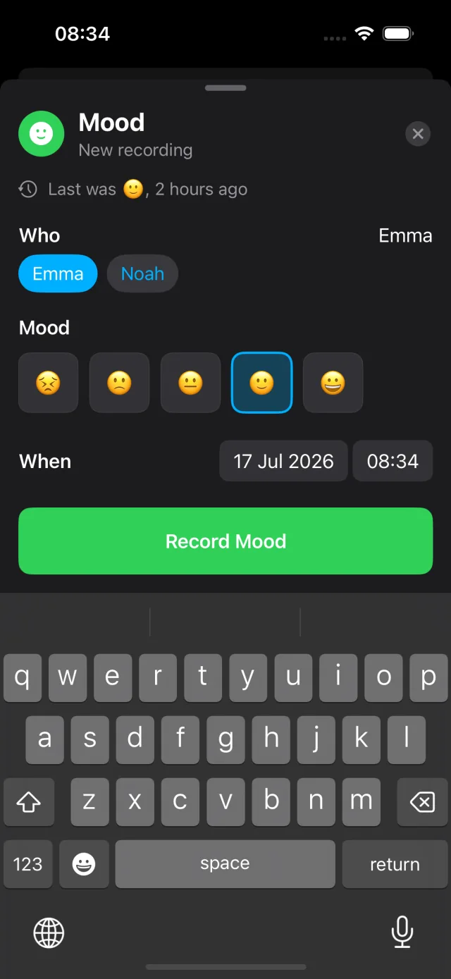 Recording a mood on a five-face scale, with who and when