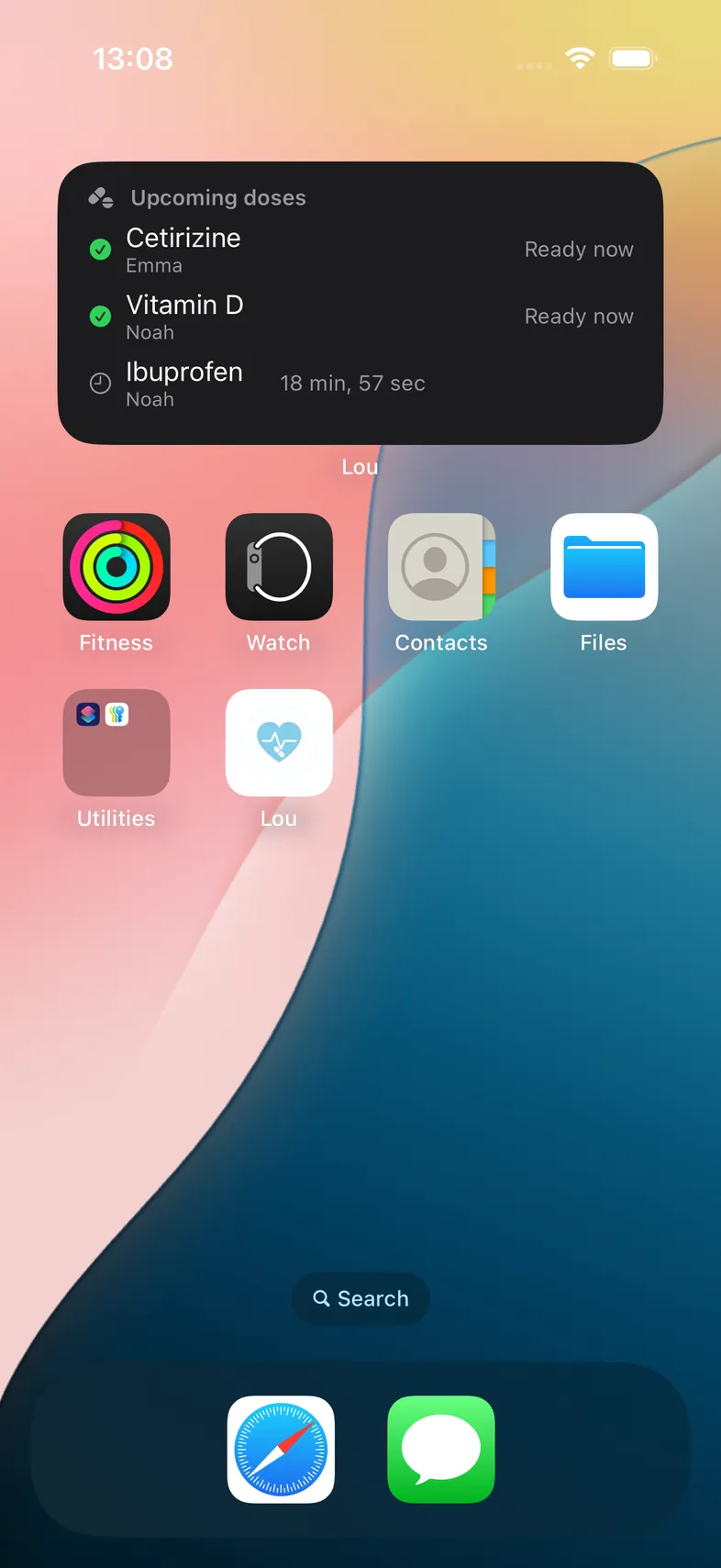 iPhone Home Screen with a Lou widget listing the household's upcoming doses — two ready now, one counting down